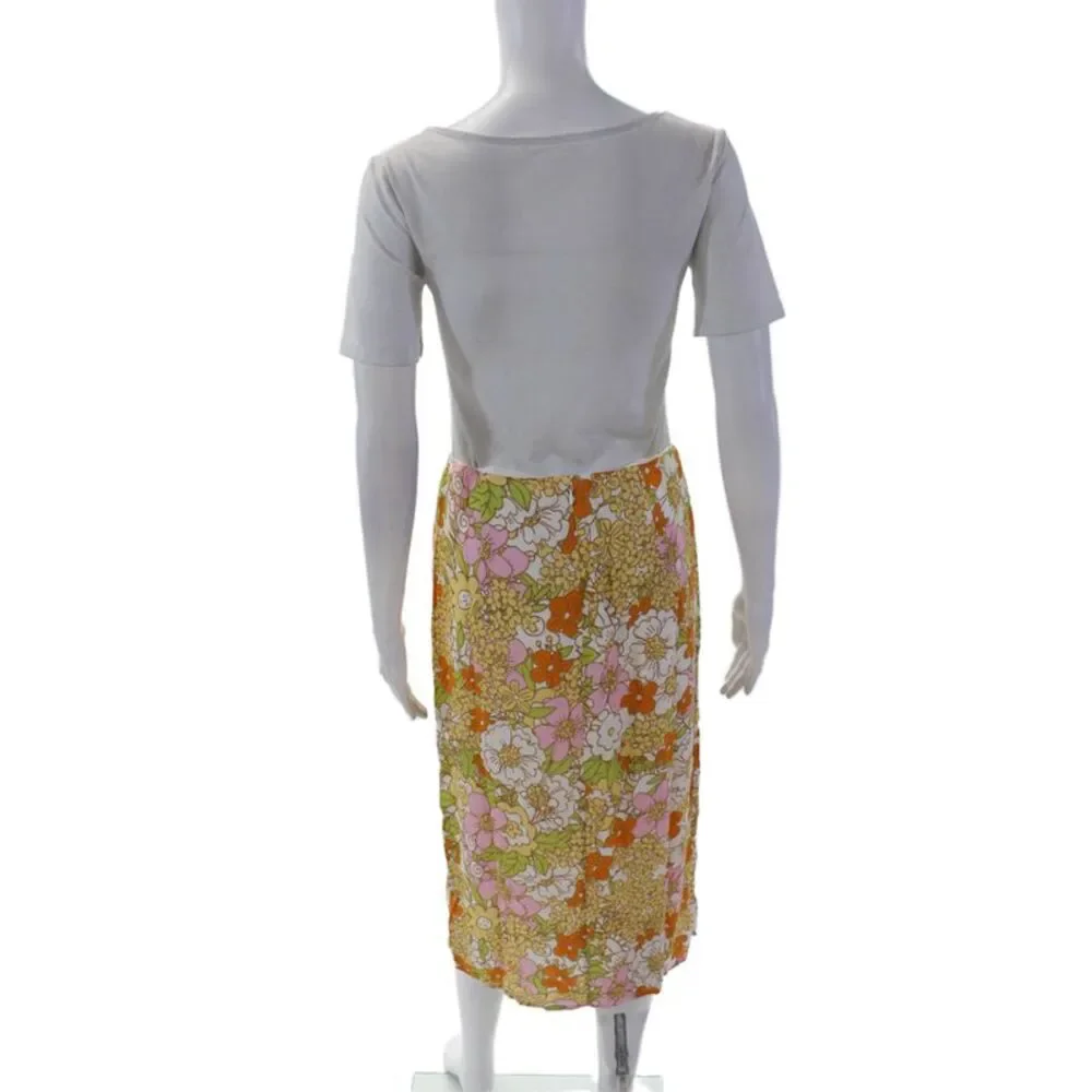 Rahi Womens Back Zip Floral Front Slit Midi Skirt White Multi Size Small